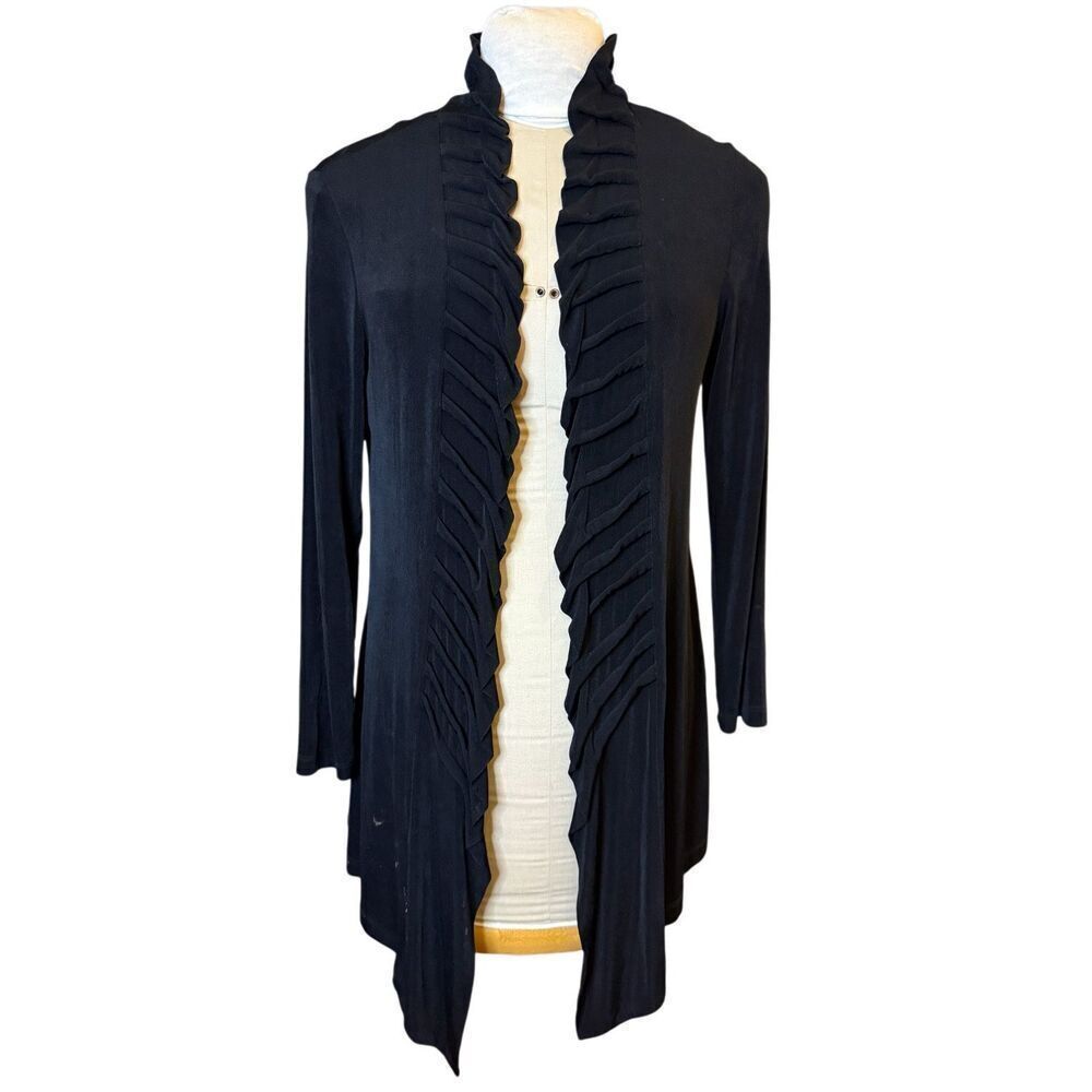 Chico’s Travelers Women’s Black Fluted Ruffle Trim Open Front Cardigan Sz. L